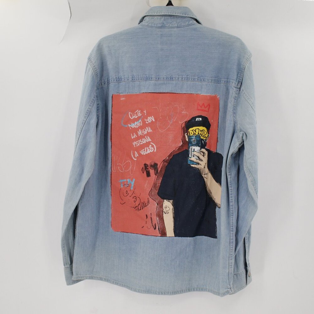NWT Zara Shirt Jacket mens medium Relaxed Fit Hand Painted Back Art Cotton denim